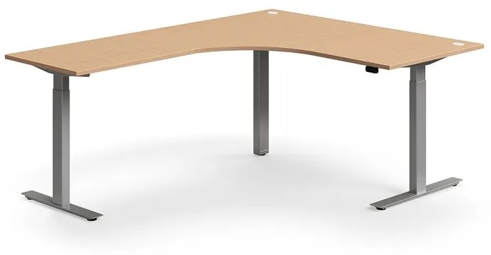 Výškovo nastaviteľný stôl FLEXUS, rohový, 1600x2000 mm, strieborný rám, buk