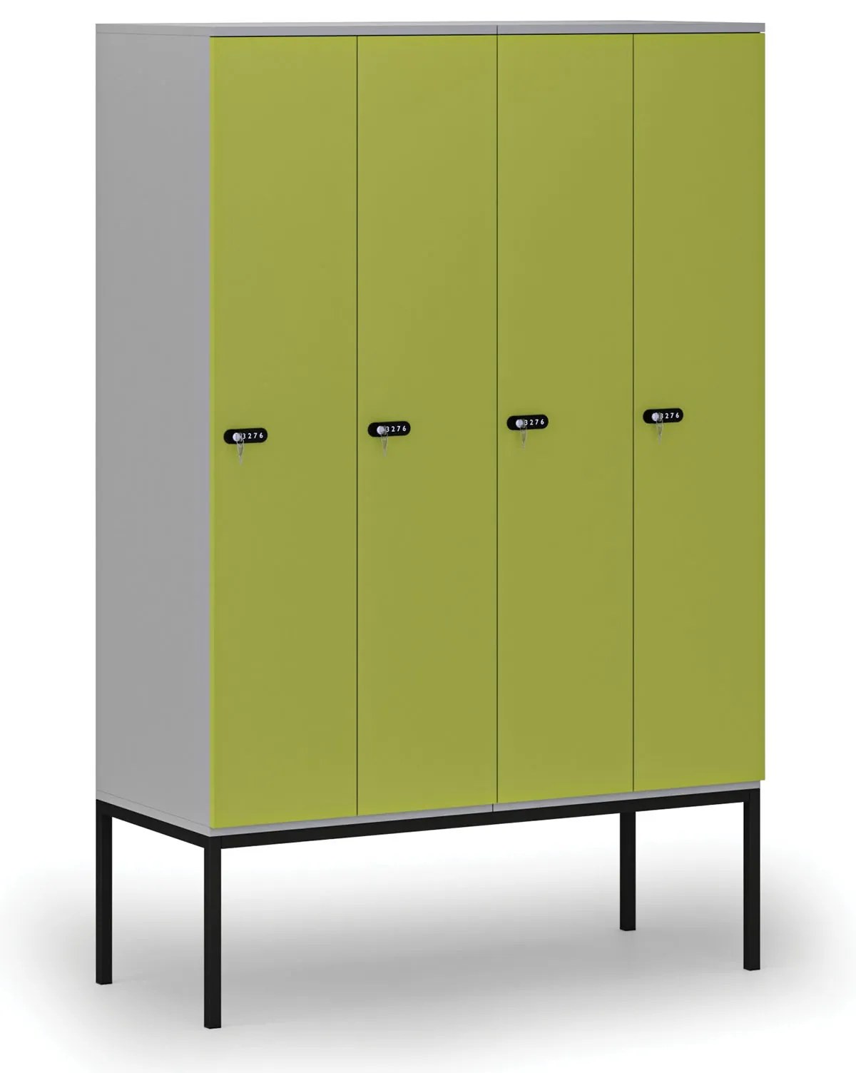 Drevená šatníková skrinka S4 s podnožou, 4 oddiely, 1871 x 1200 x 500 mm, demont, mechanický kódový zámok, sivá/zelená