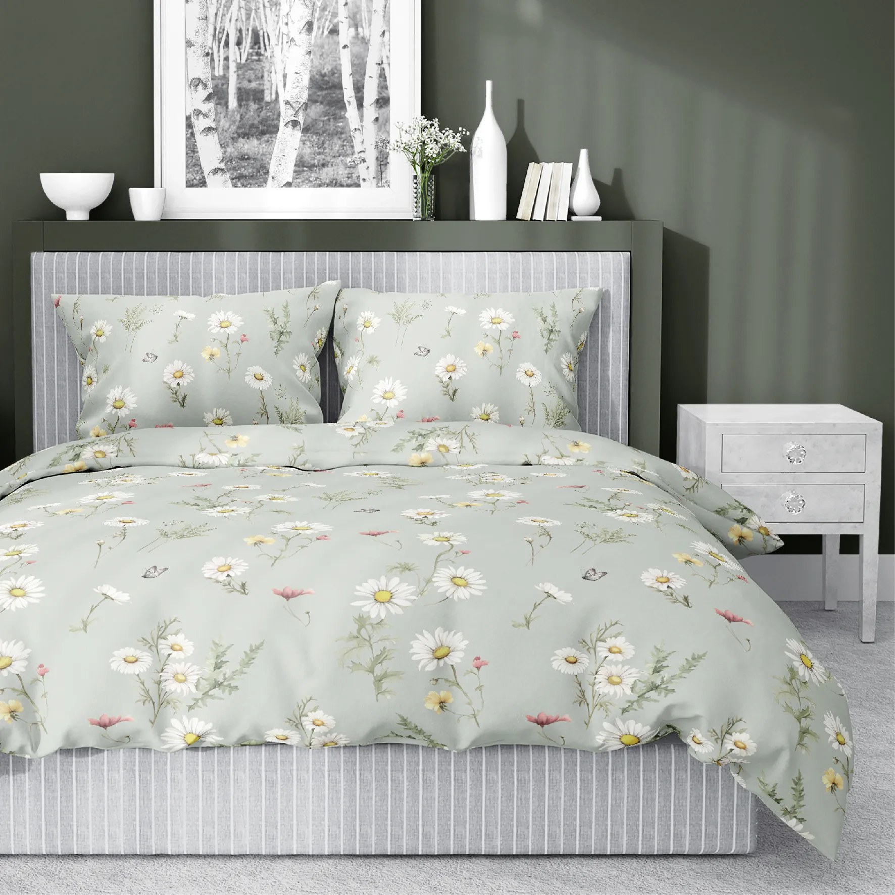 Posteľná bielizeň z bavlneného saténu – Margaretka zelená 200x220/2x70x80 cm