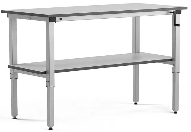 Manuálne nastaviteľný dielenský stôl MOTION, s policou, 150kg, 1500x600 mm