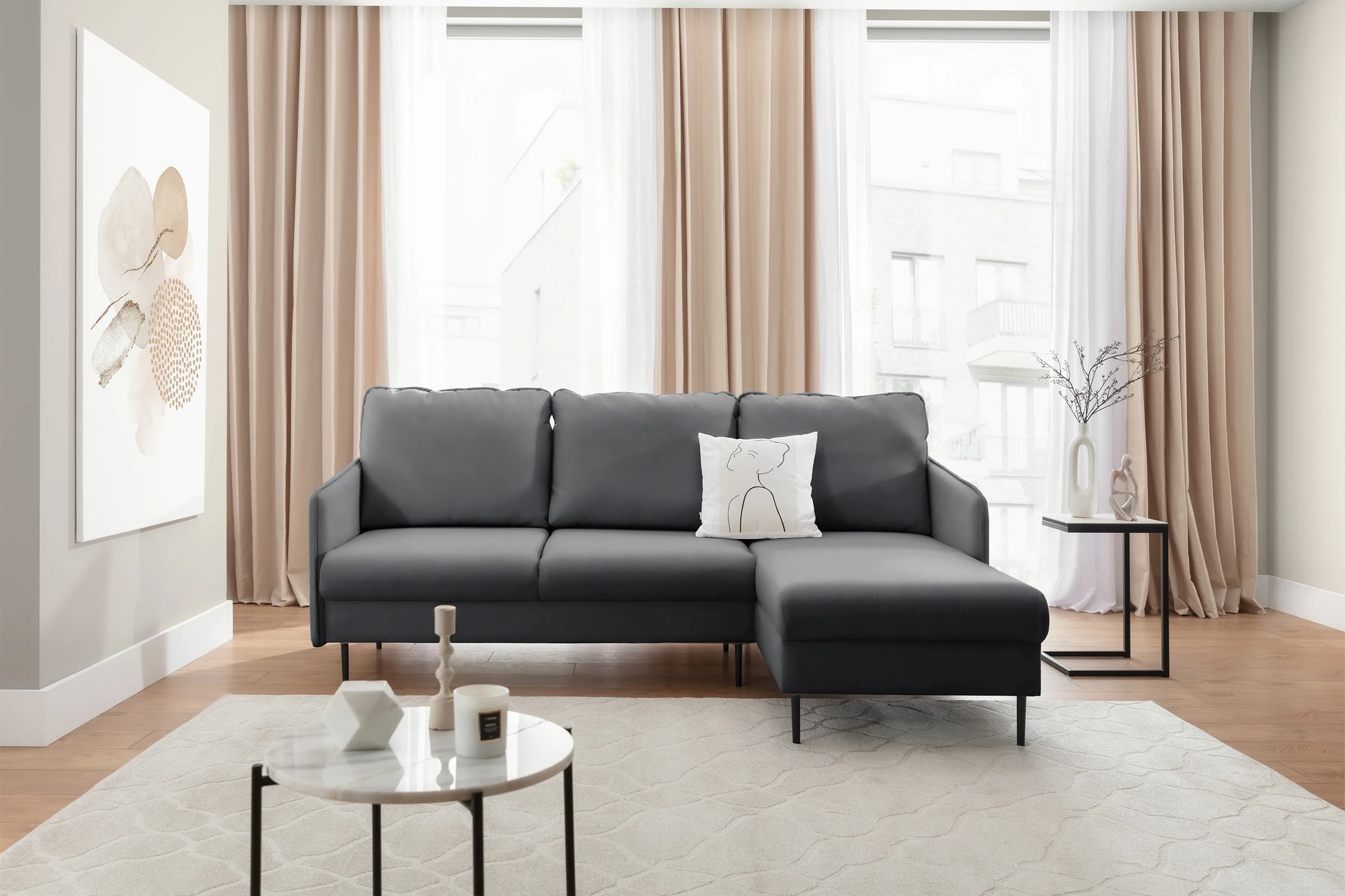 Rozkladacia rohová sedačka Taila Mini pravá - šedý zamat Velluto 18 / čierne nožičky