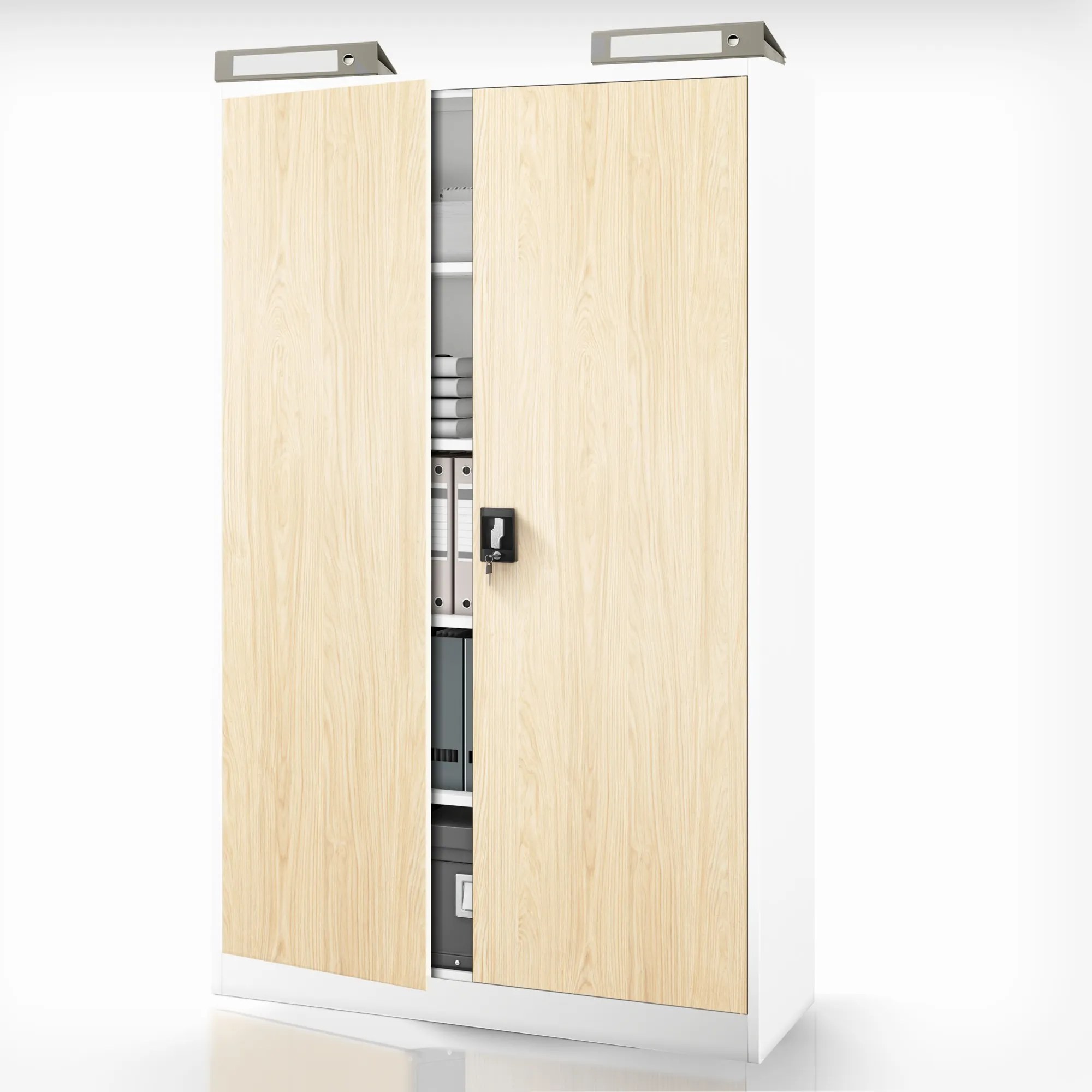 Kancelárska kovová skrinka na dokumenty JAN II, Eco Design: biela/dub sonoma