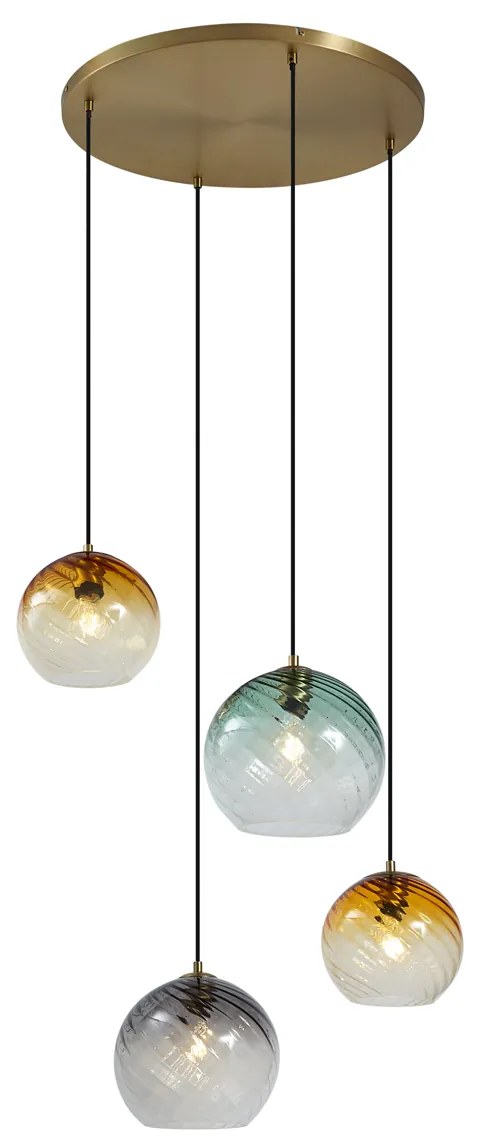 Závesná lampa bronzová s dymovým jantárovým a zeleným sklom okrúhla 4-svetlá - Bao