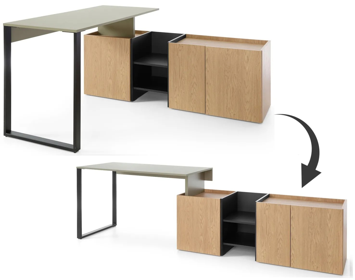 Písací stôl so skrinkou Raquel - dub piesočný/zelená/čierna