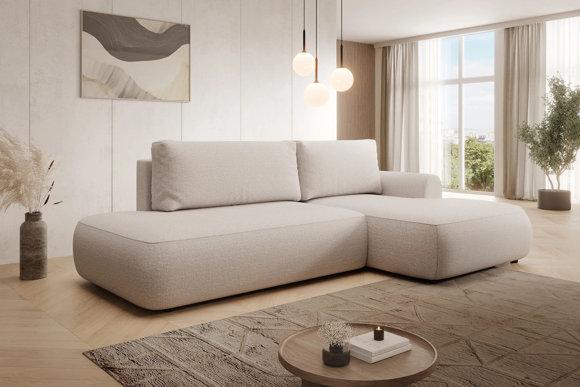 Rohová sedačka Lotulis L II s rozkladom pravostranná - krémová hydrofóbna pletenina Blur 01