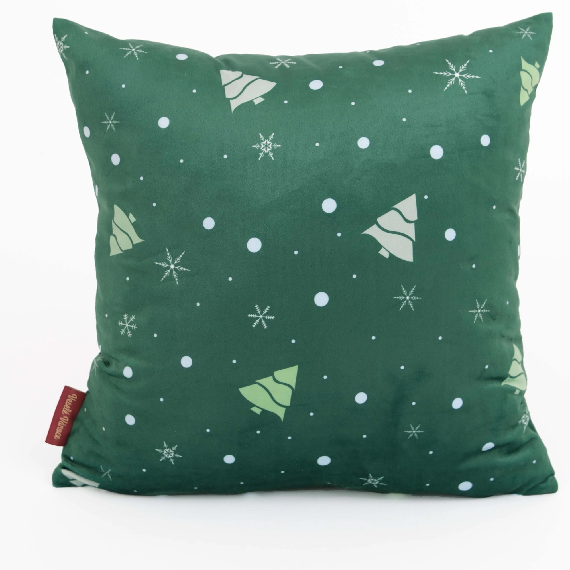 Vianočná obliečka na vankúšik Velvet 40 × 40 cm - Vločky a stromčeky zelený