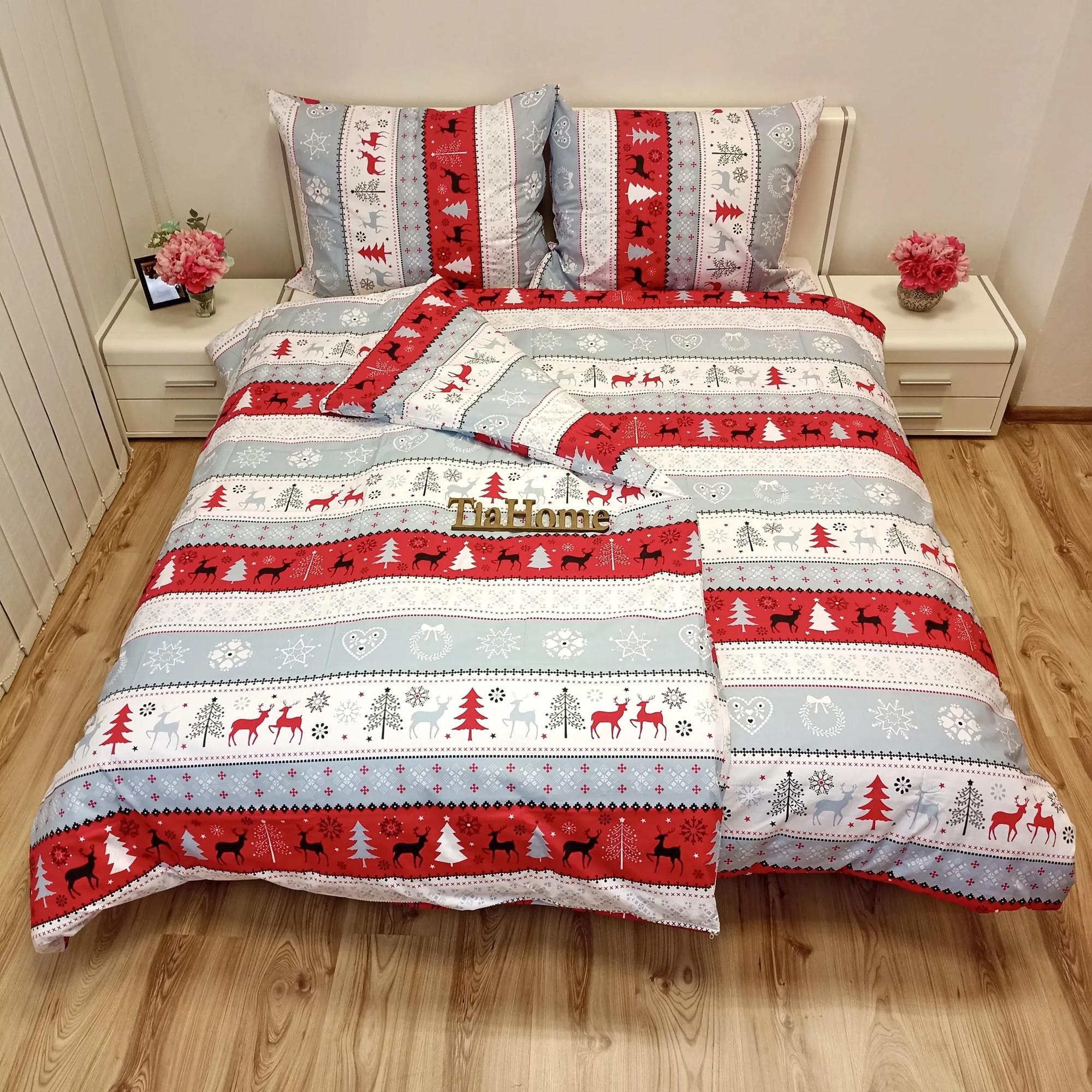 Obliečky bavlnené Vianočné Snowman červené TiaHome - 1x Vankúš 90x70cm, 1x Paplón 140x200cm