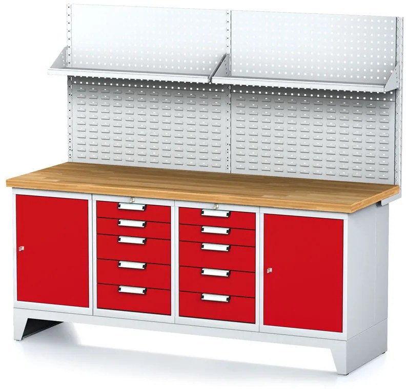 Alfa 3 Dielenský stôl MECHANIC I, perforovaný panel, polica, 2 skrinky a 2 zásuvkové boxy na náradie, 10 zásuviek, 2000x685x880 mm, červené dvere