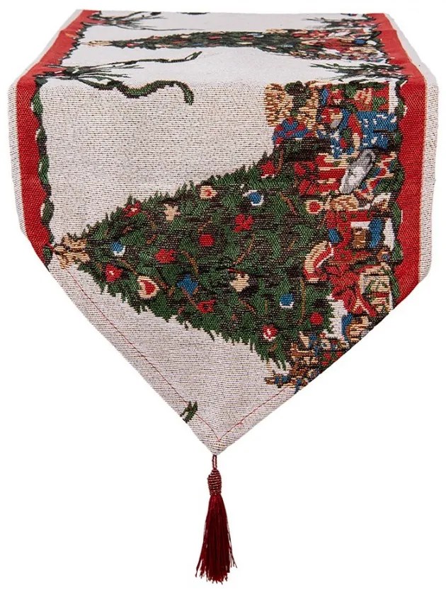 Béžový behúň so strapcom a vianočnými stromčekmi Christmas Rustic - 33*180 cm