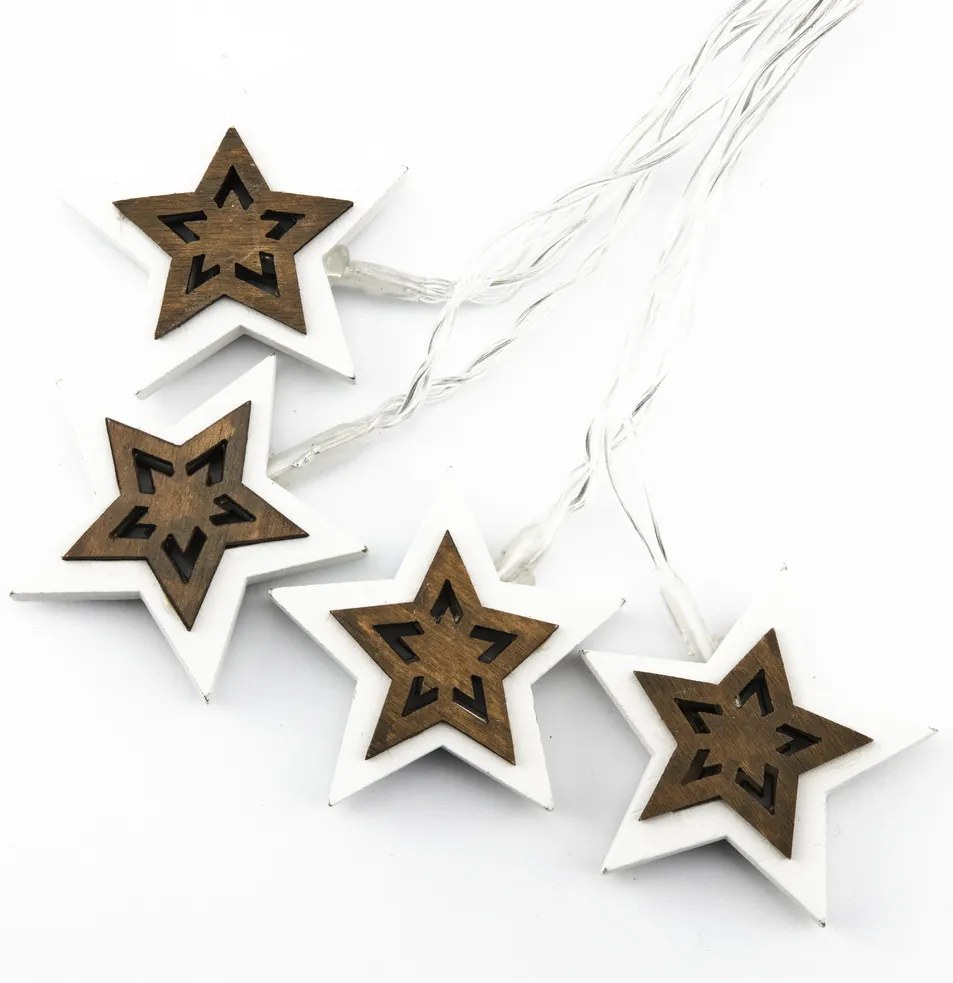 DECOLED Svetelná reťaz LED na batérie, 10 teplých bielych LED diód, 1,8 m, drevené hviezdy