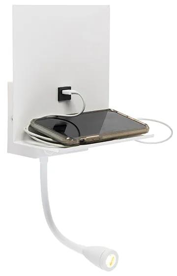Moderná nástenná lampa biela s USB a flexibilným ramenom - Flero