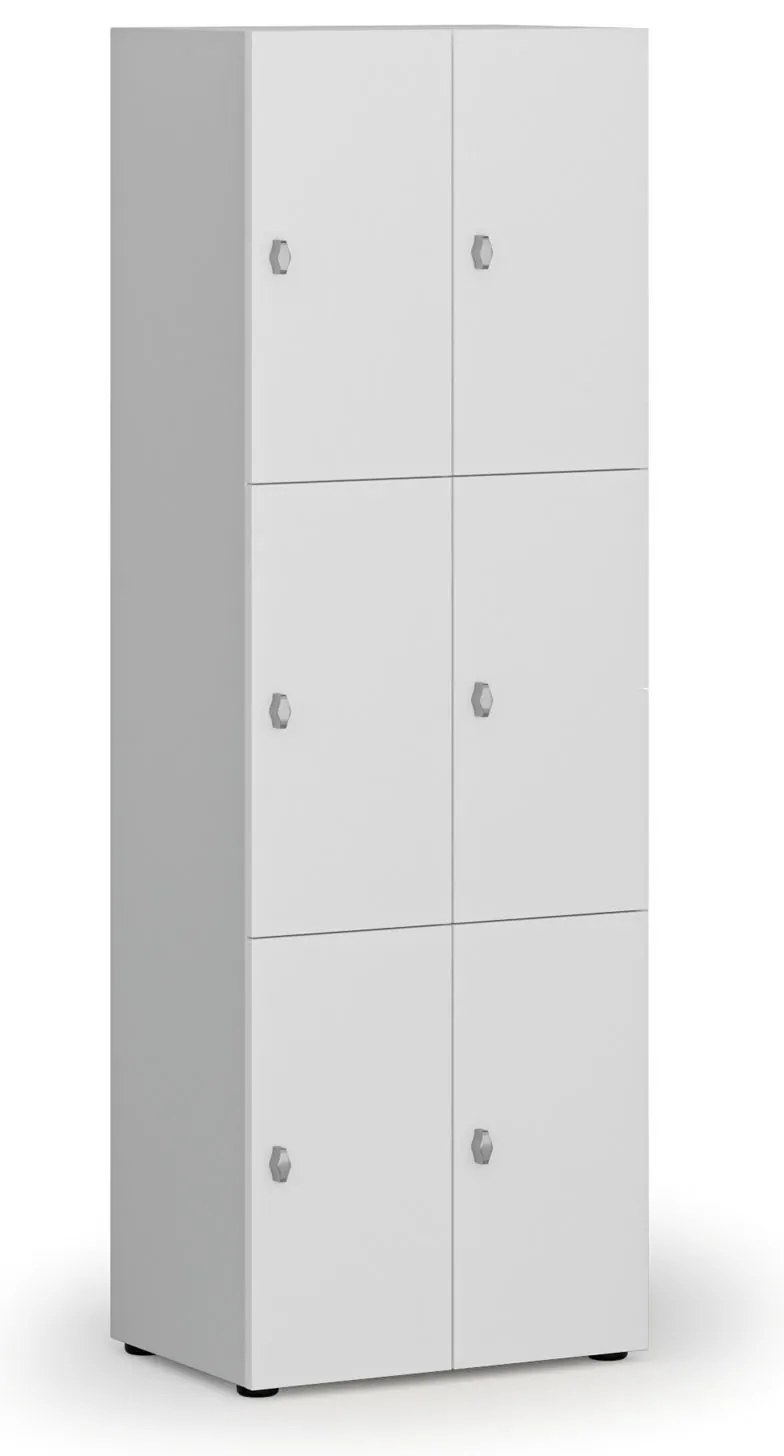 Drevená šatníková skrinka S4 s úložnými boxmi, 6 boxov, demont, otočný zámok, sivá/biela