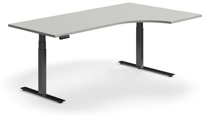 Výškovo nastaviteľný stôl QBUS, rohový, 2000x1200 mm, čierny rám, svetlošedá