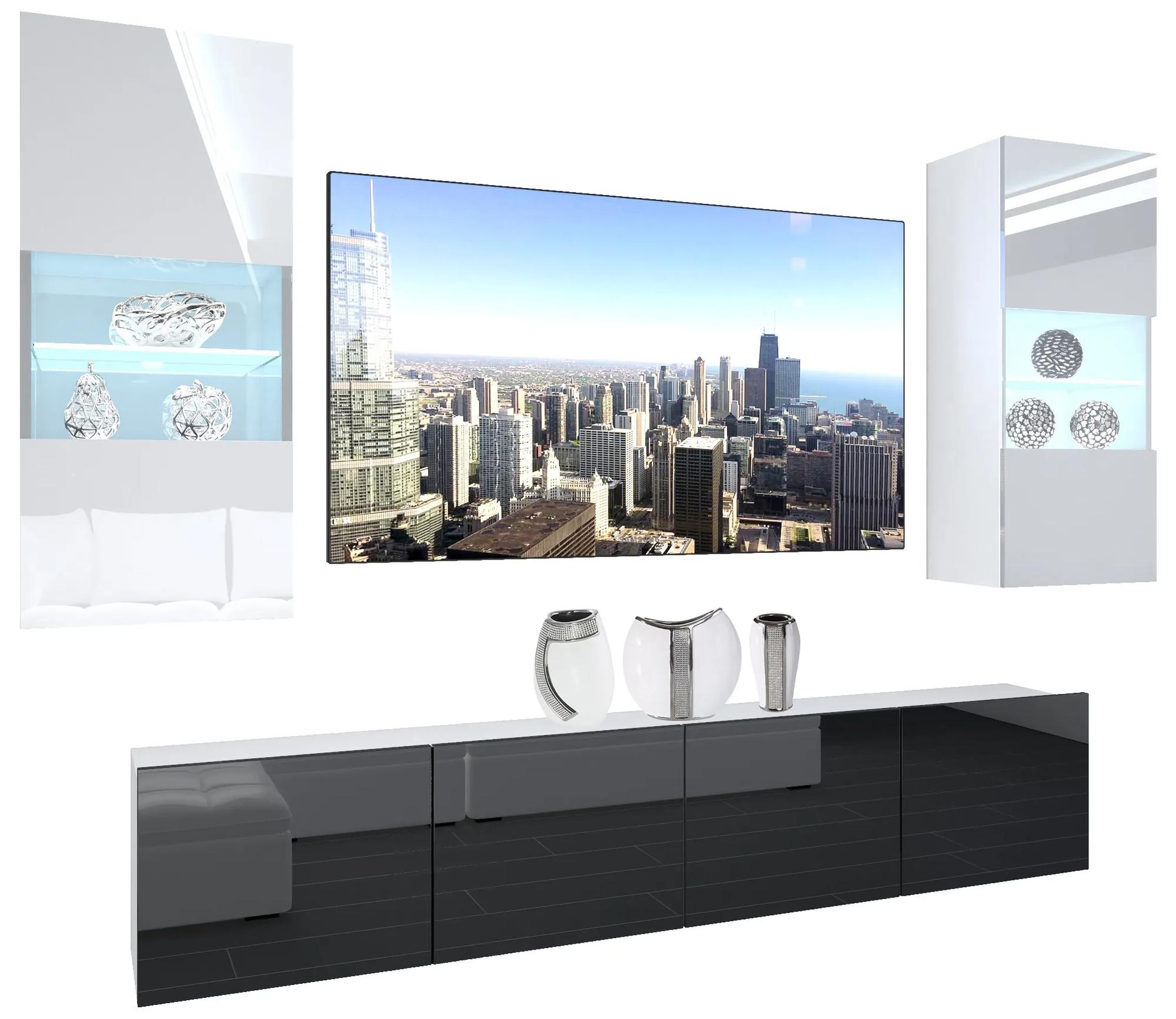 Obývacia stena Belini Premium Full Version biely lesk / čierny lesk + LED osvetlenie Nexum 107