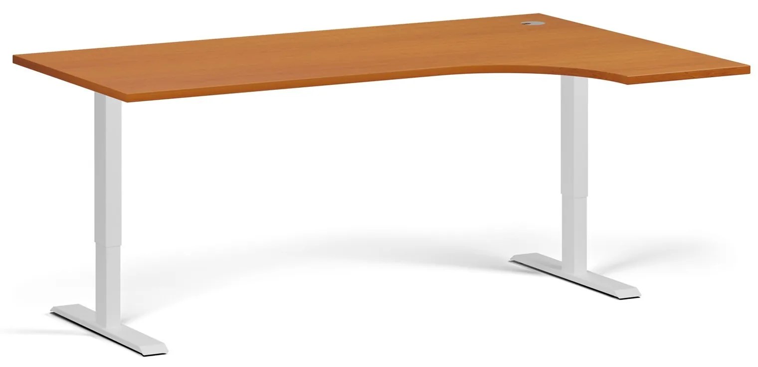 Rohový výškovo nastaviteľný stôl, 180x120 cm, 1 motor, L/P, biela podnož, čerešňa