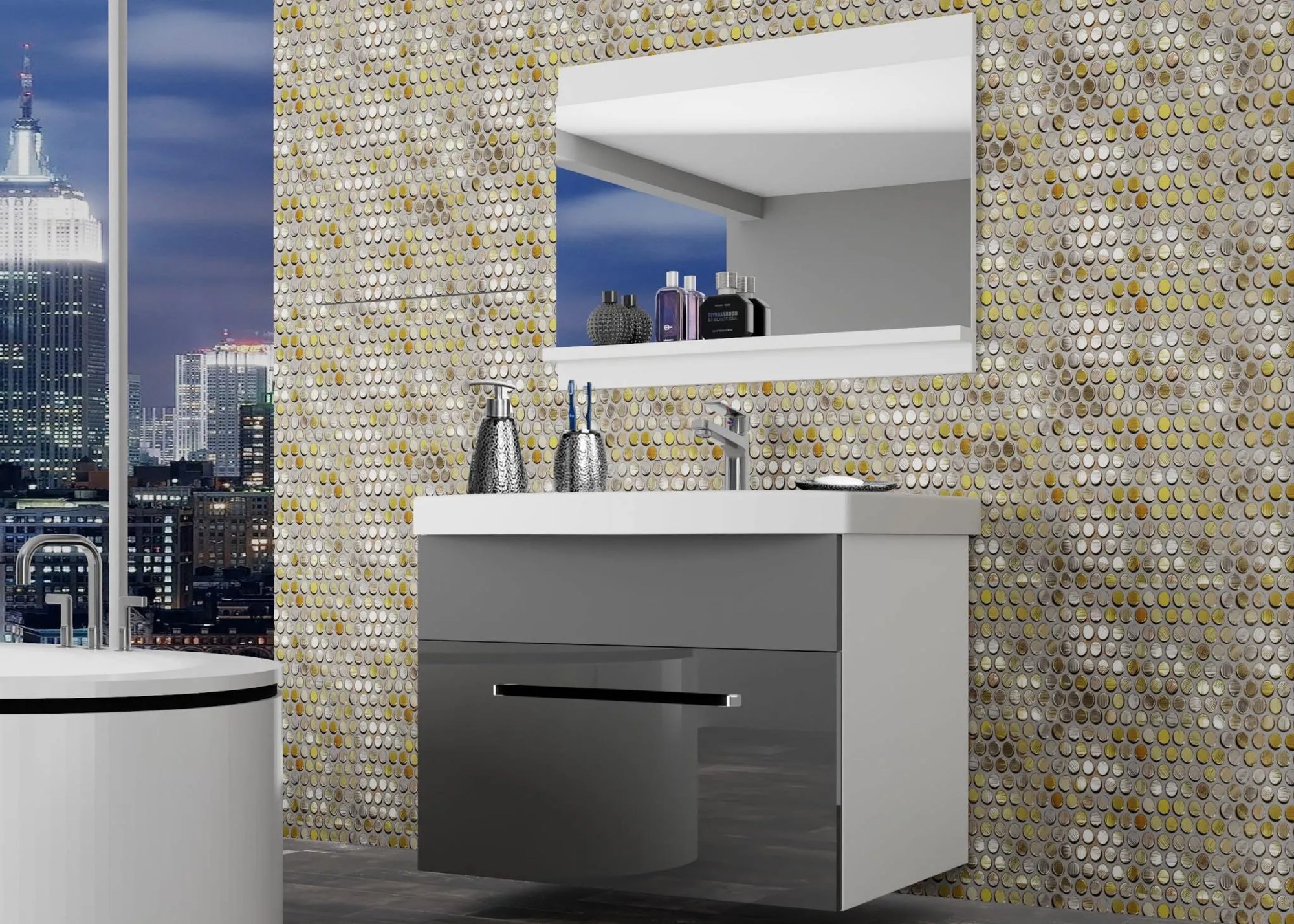 Kúpeľňový nábytok Belini šedý lesk / šedý mat + umývadlo + zrkadlo ROD PM 1/0/W/SSR/0/ZW