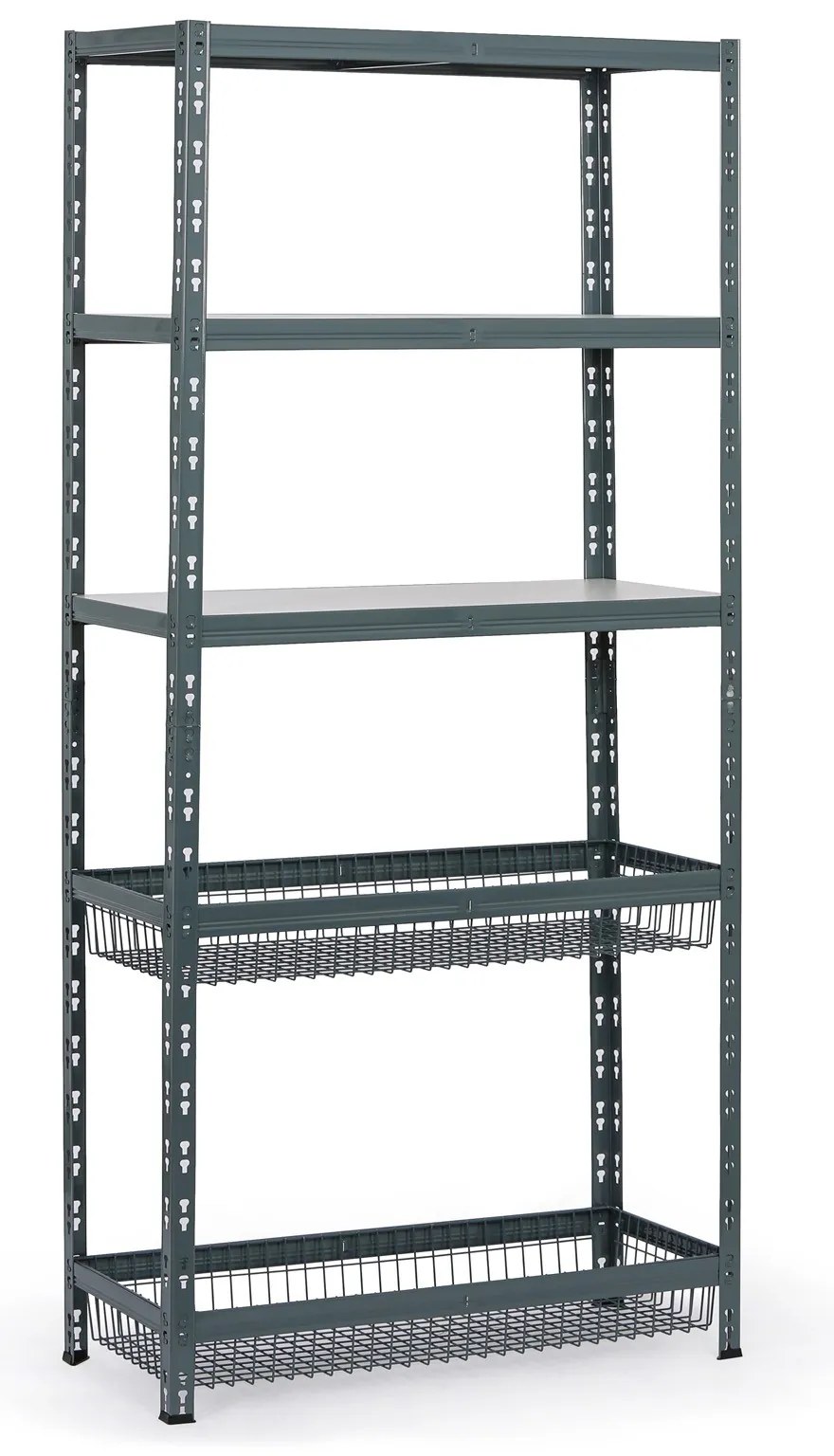 Policový regál s košmi, 1954 x 900 x 400 mm, nosnosť 175 kg, 3 police + 2 koše