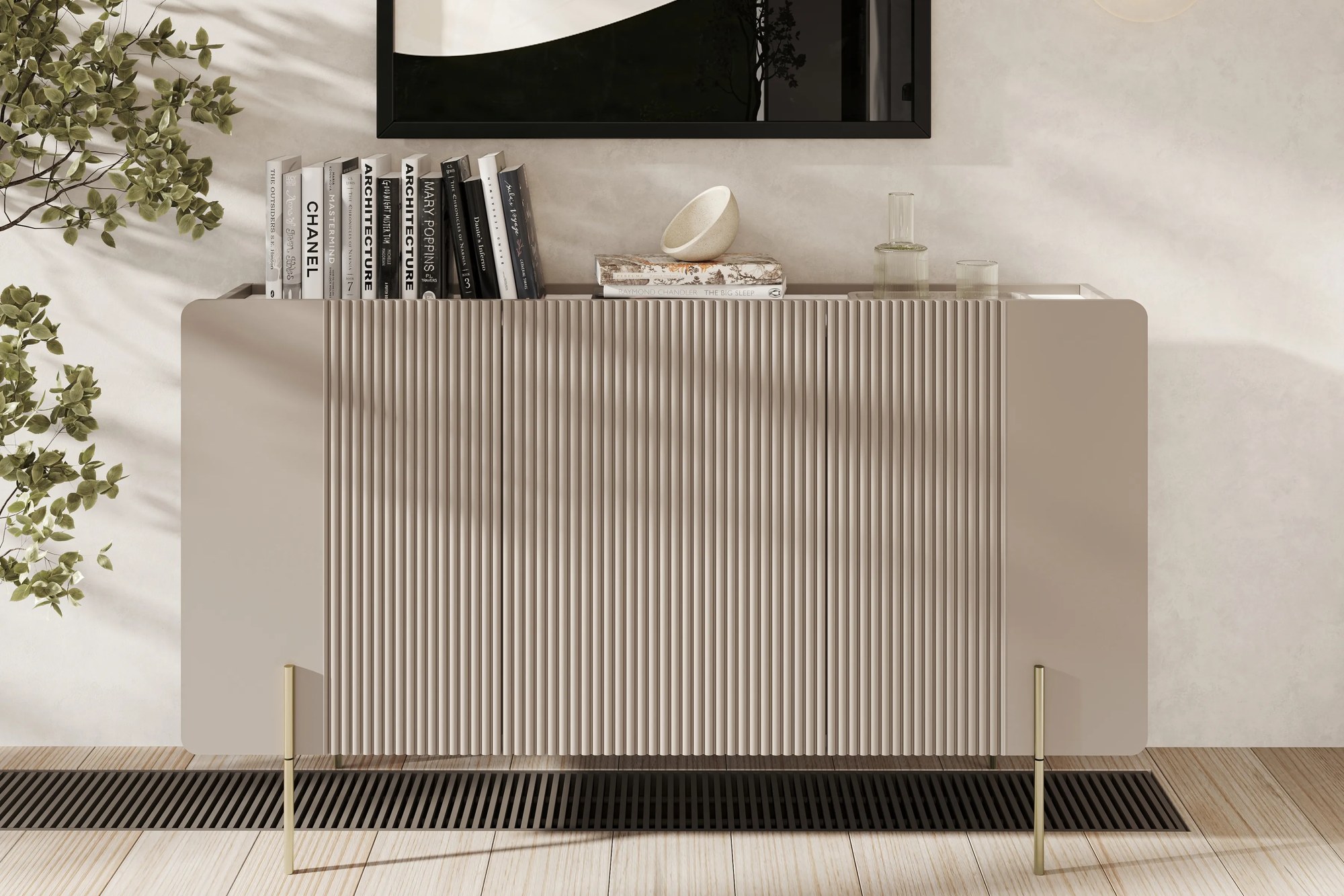 Komoda Malmi 150 cm - kašmírová / crema bianca / zlatá