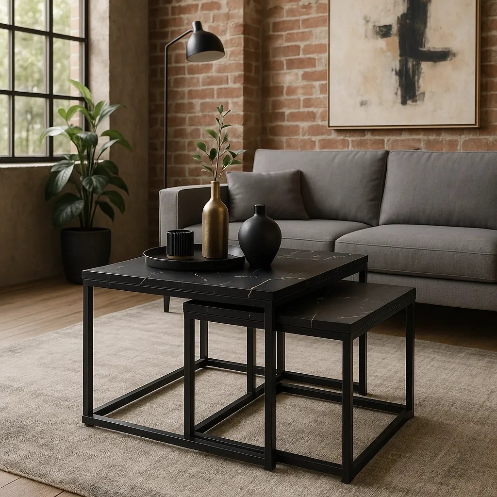 PROXIMA.store - Loftový set konferenčných stolíkov TEVET FARBA: čierny mramor, FARBA NÔH: čierna