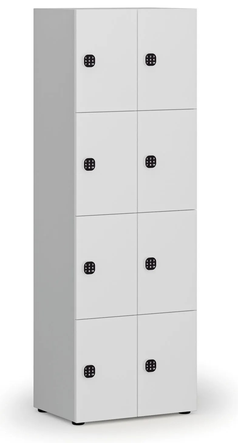 Drevená šatníková skrinka S4 s úložnými boxmi, 8 boxov, demont, kódový zámok, sivá/biela