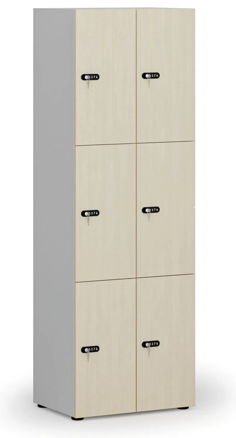Drevená šatníková skrinka s úložnými boxmi, 6 boxov, mechanický kódový zámok, sivá/breza
