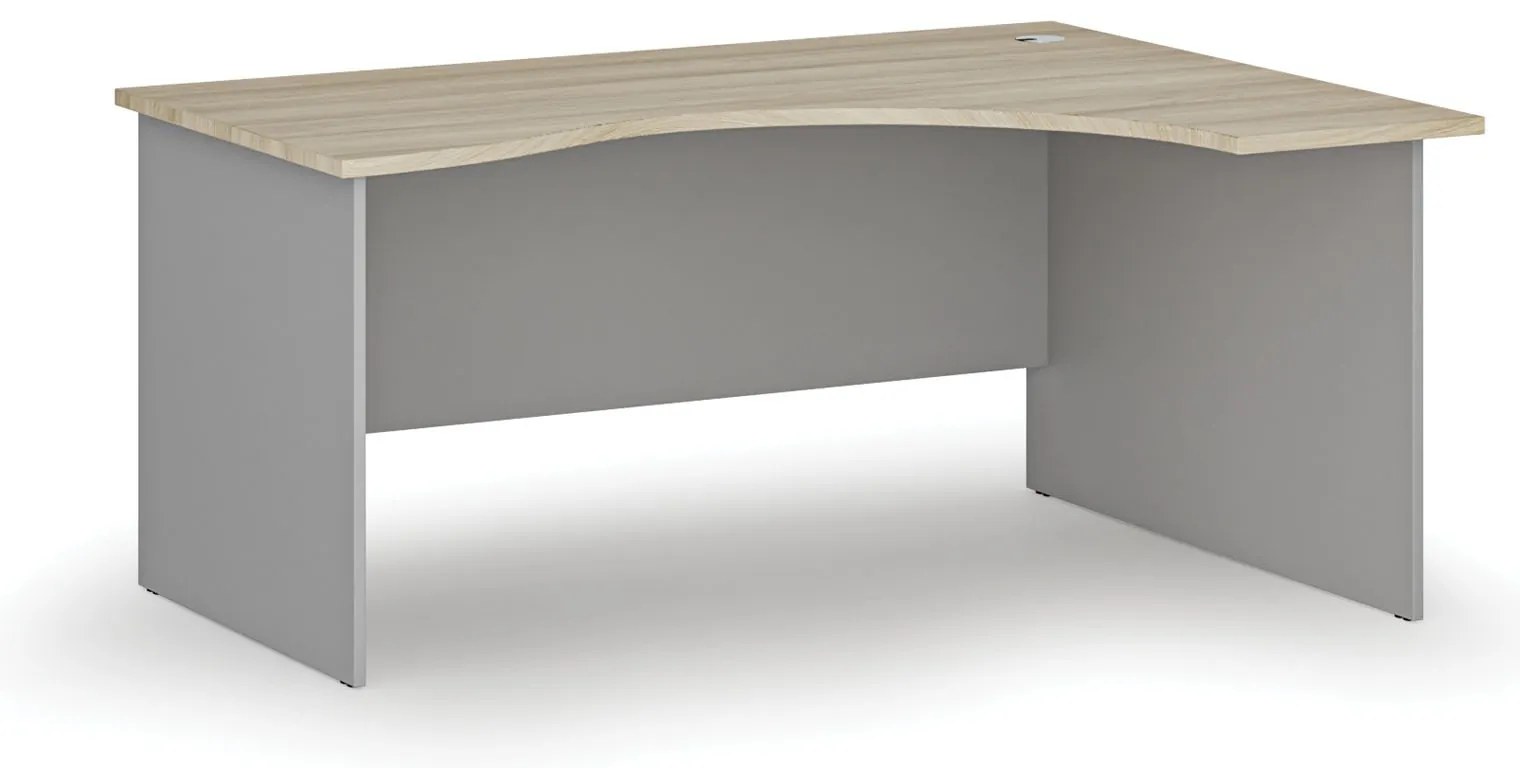 Ergonomický kancelársky písací stôl PRIMO GRAY, 160x120 cm, pravý, sivá/dub prírodný