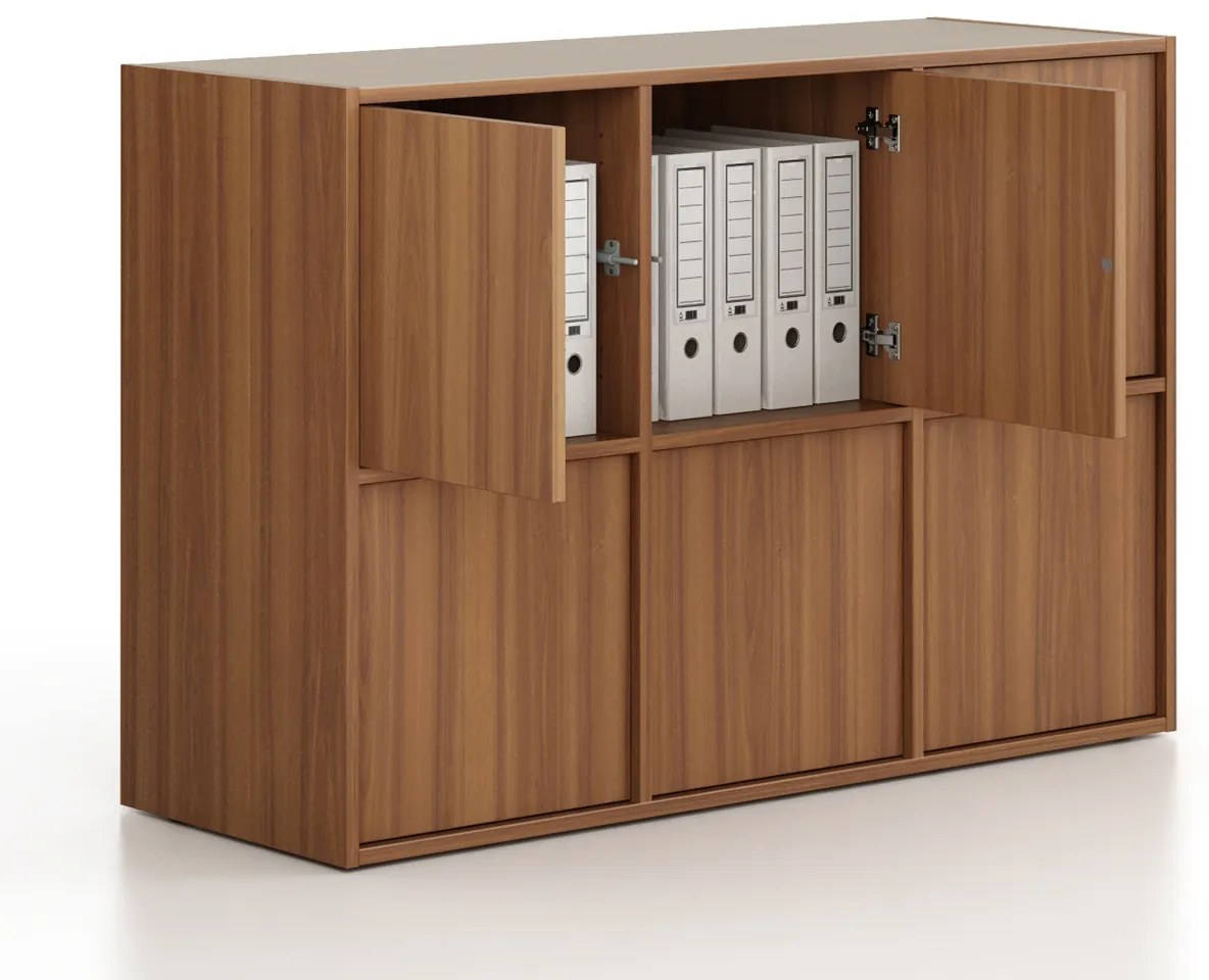 Kancelárska skriňa FRAME, nízka, 6x dvere, 1299 x 450 x 881 mm, PUSH-lock, orech