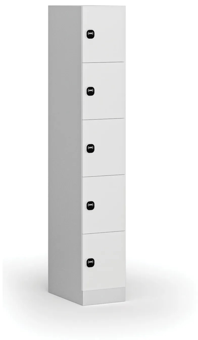 Šatníková skrinka s úložnými boxmi, 5 boxov, 1850 x 300 x 500 mm, zámok s čítačkou RFID kariet, laminované dvere, biela