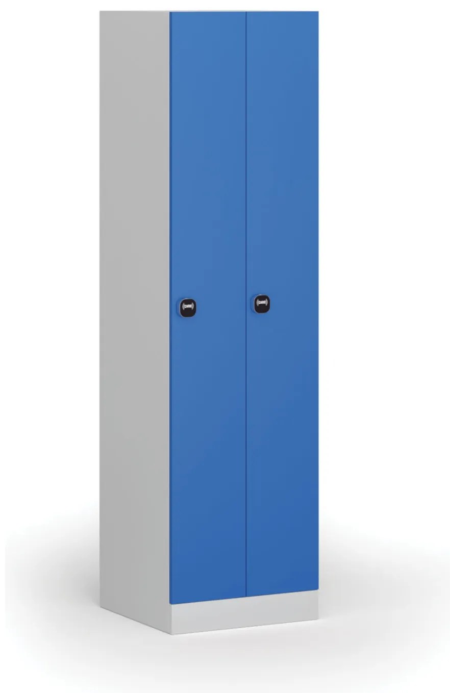 Kovová šatníková skrinka S1 zúžená, 2 oddiely, 1850 x 500 x 500 mm, zámok s čítačkou RFID kariet, modré dvere