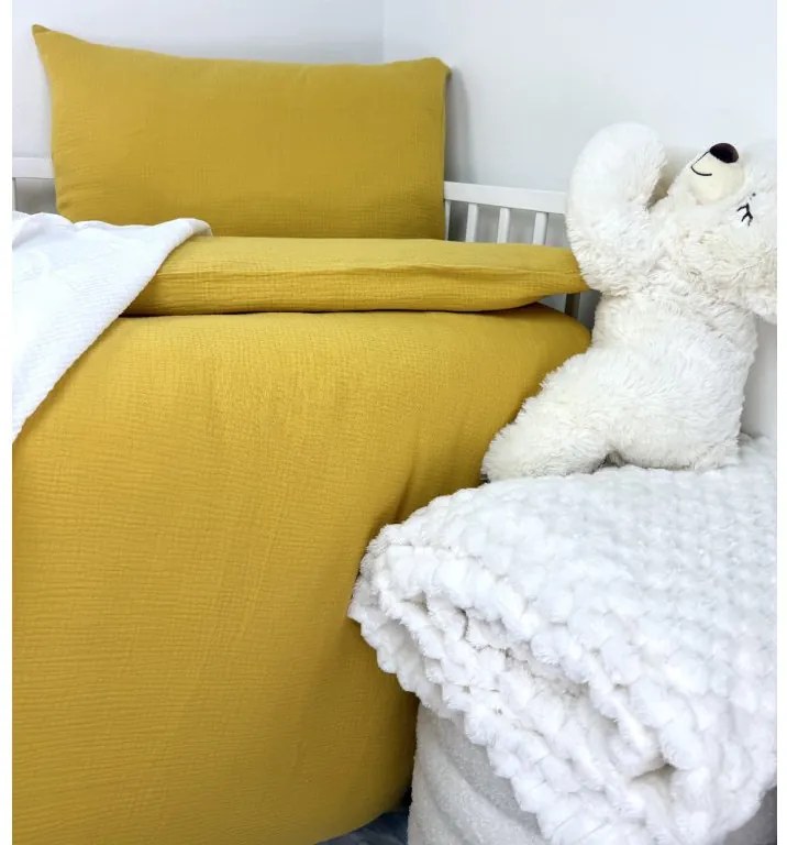 Posteľná obliečka do postieľky Mušelín Horčicová 90x130 / 45x65 cm – 100% bavlna, dvojvrstvový mušelín, zips