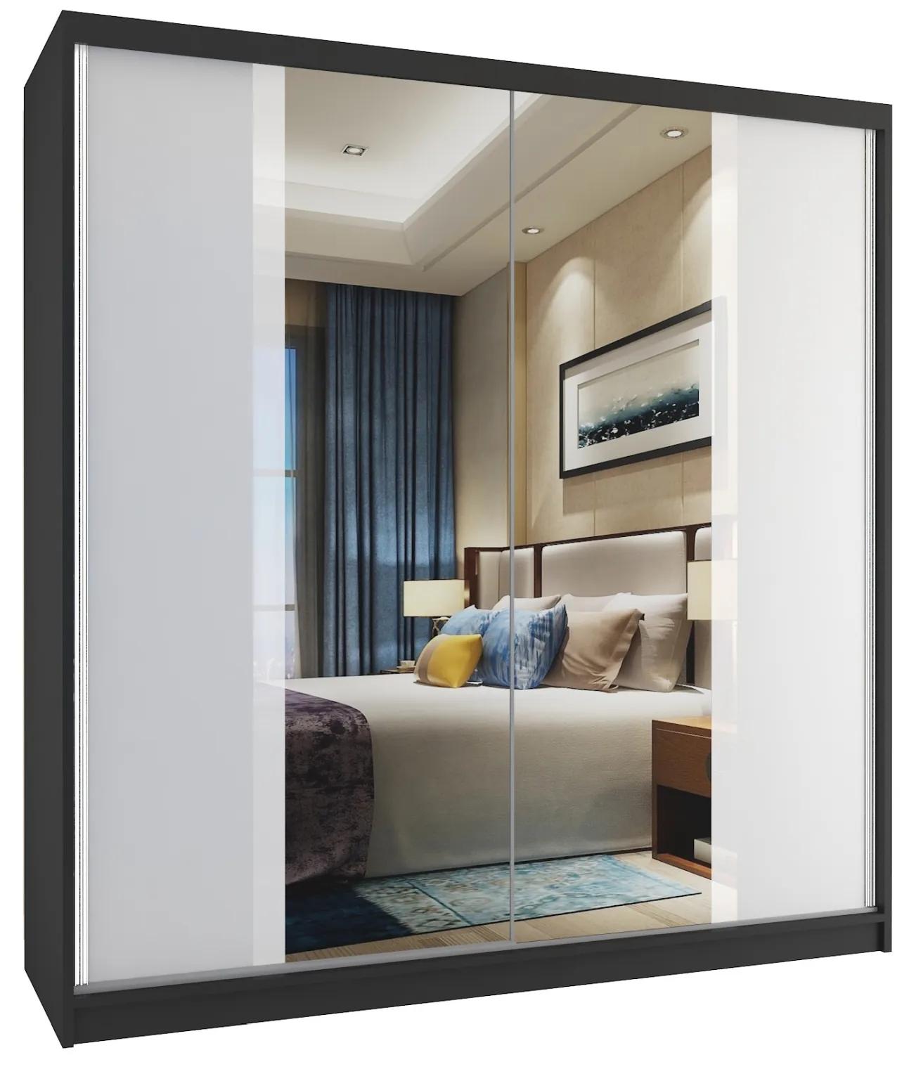 Šatníková skriňa 158 cm Belini čierny mat /biely mat s posuvnými dverami a zrkadlom MV SZP3/2/B/W/W/HI