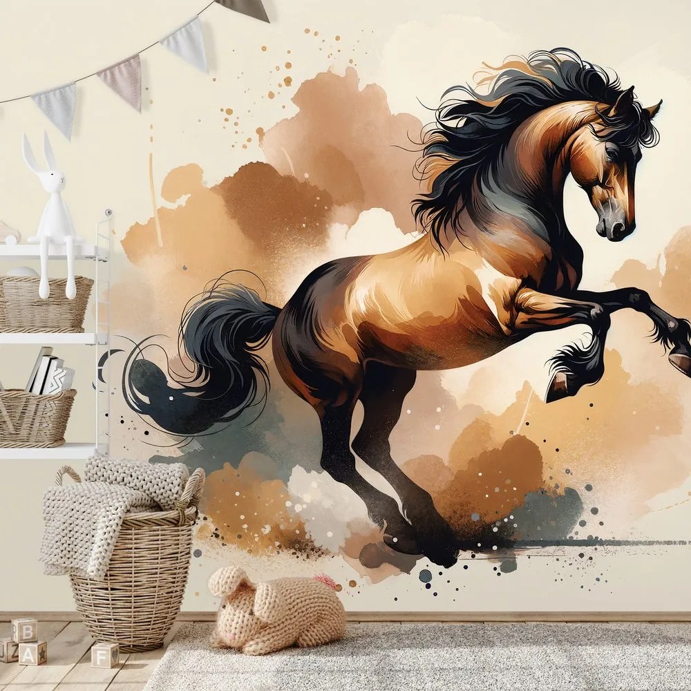 Samolepiaca tapeta dynamický hnedý kôň v pohybe
