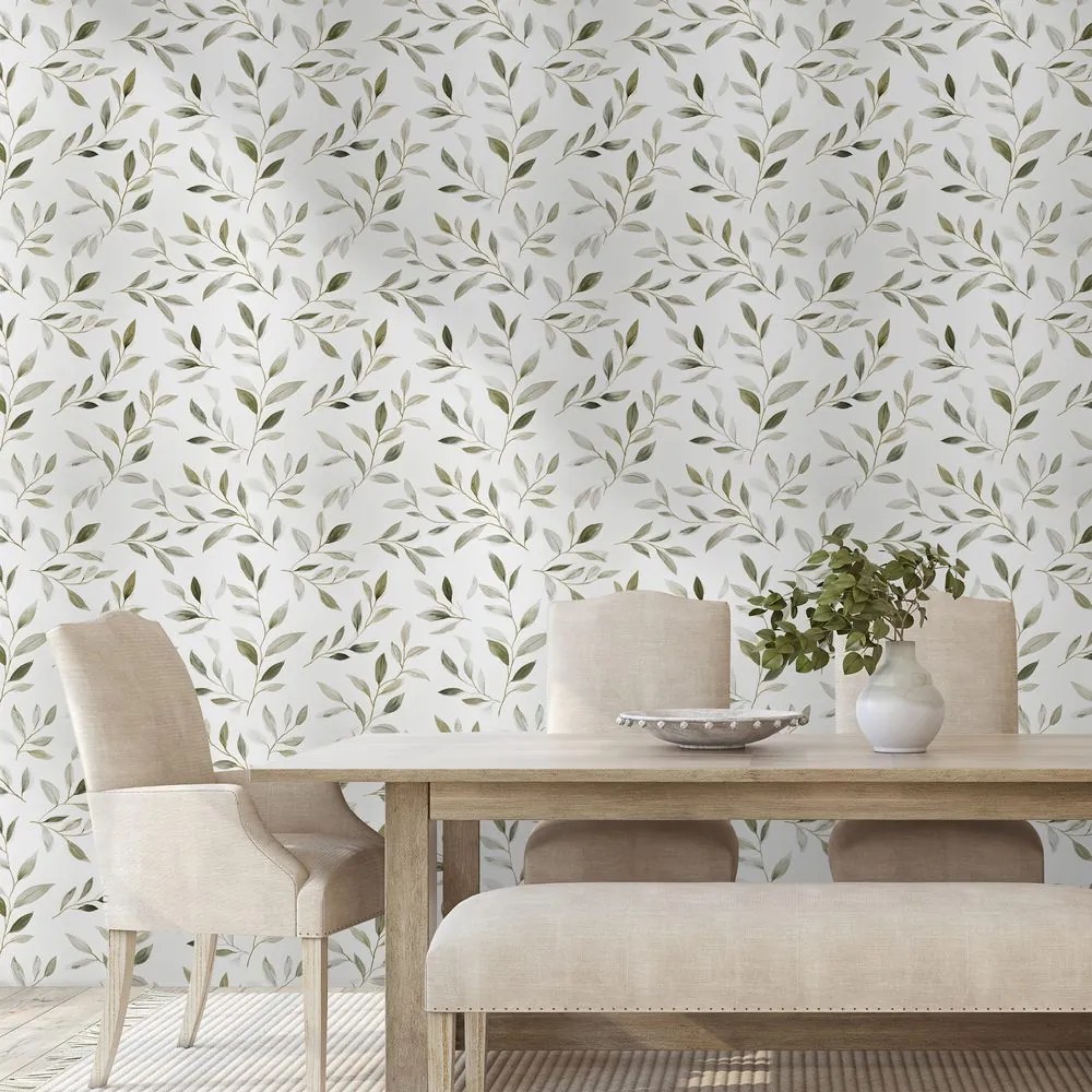 Tapeta jemné olivové lístky na sivej
