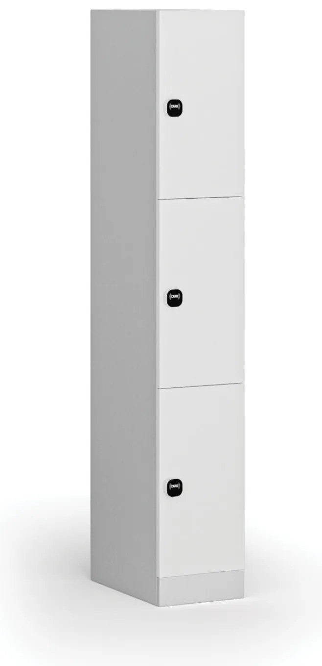 Šatníková skrinka S1 s úložnými boxmi, 3 boxy, 1850 x 300 x 500 mm, zámok s čítačkou RFID kariet, laminované dvere, biela