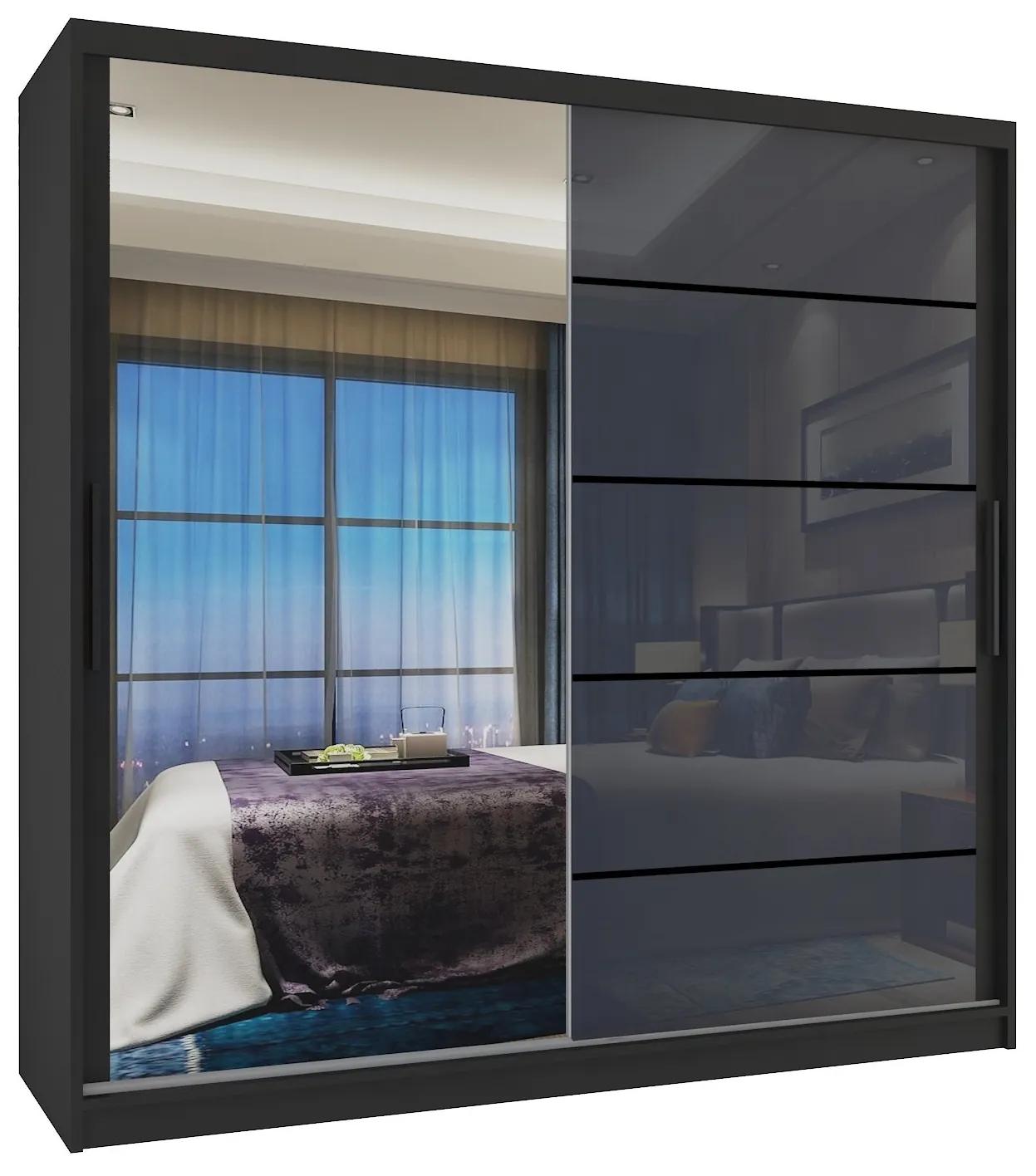 Šatníková skriňa 200 cm Belini čierny maý / šedý lesk s posunými dverami zrkadlom a zásuvkami  MGB SZP5/1/B/1L5S/KLP
