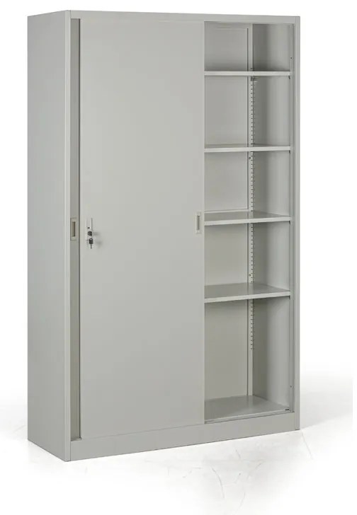 Kovová skriňa s posuvnými dverami, demontovaná, 4 police, 1200 x 1990 x 450 mm, svetlo sivá