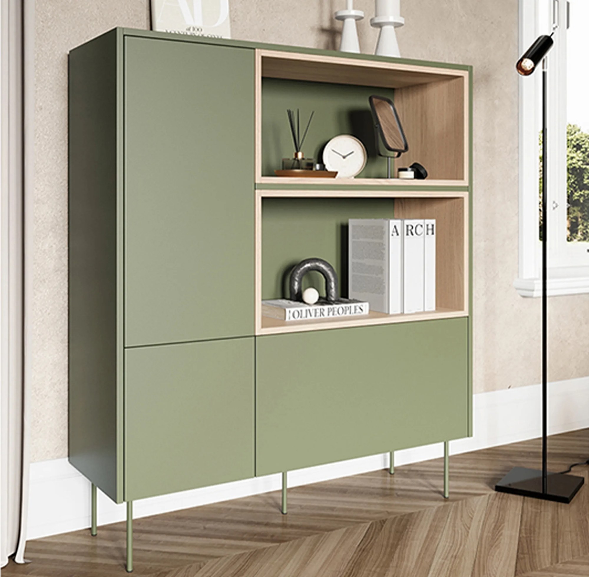 Vysoká komoda Desin 120 cm s otvorenými policami - olivová / dub nagano