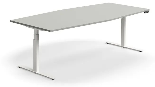 Výškovo nastaviteľný rokovací stôl QBUS, ovál, 2400x1200 mm, biely rám, svetlošedá