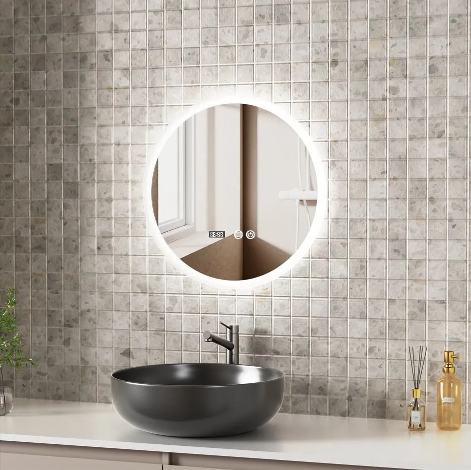 Erga Deam, okrúhle LED zrkadlo 50cm, 3 farby svetla, predné osvetlenie, vyhrievacia podložka proti zapareniu, ERG-V01-Deam-5050-CL