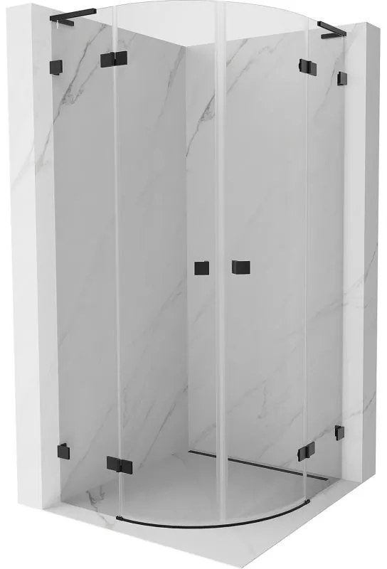 Mexen Lunar, L polkruhový výklopný sprchový kút 70 x 70 cm, 8mm číre sklo, čierny profil, 833L-070L-070P-70-00