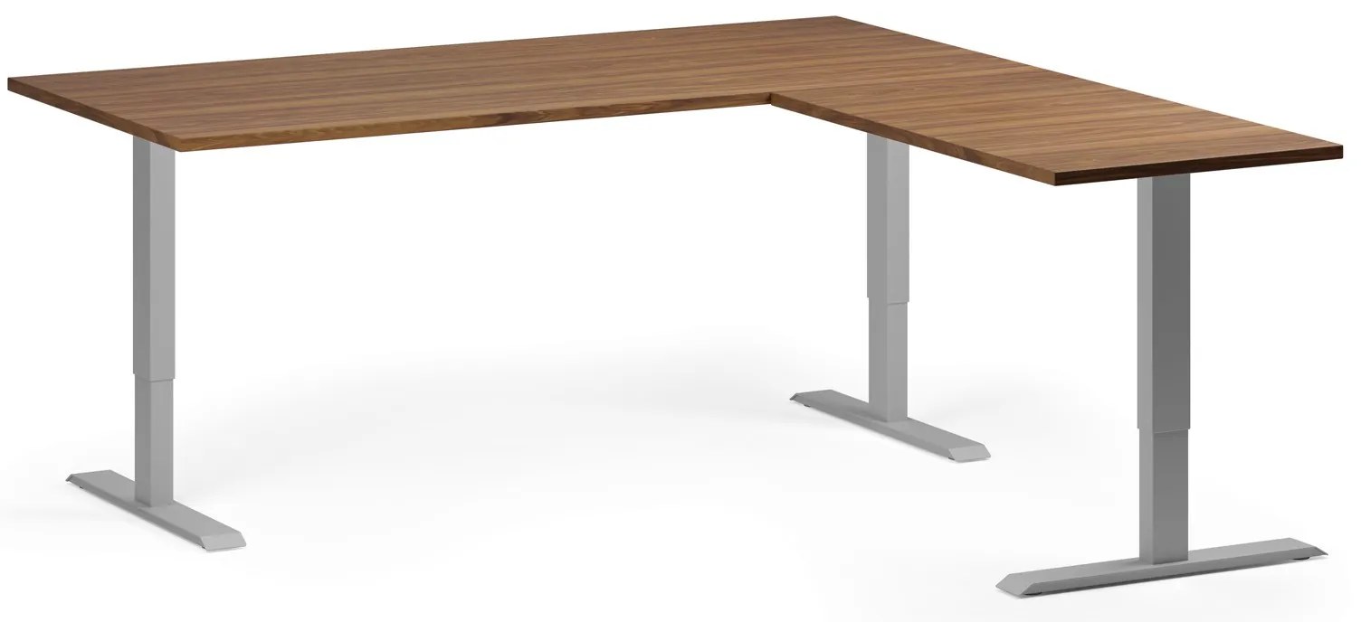 Výškovo nastaviteľný stôl, 180x180 cm, 3 motory, L/P, sivá podnož, orech