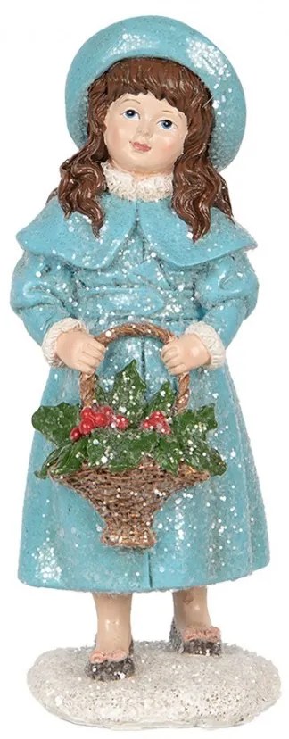 Dekorácia dievča v modrom plášti držiaci košíček a zdobená trblietkami - 8*9*19 cm
