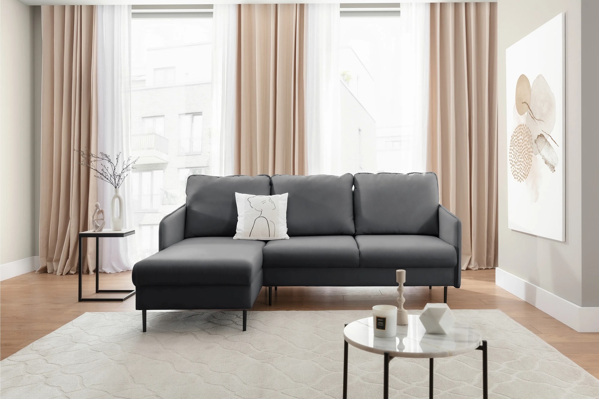 Rozkladacia rohová sedačka Taila Mini ľavá - šedý zamat Velluto 18 / čierne nožičky