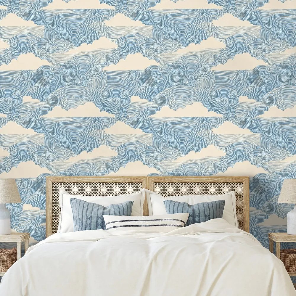 Samolepiaca tapeta modré vlny s bielymi oblakmi