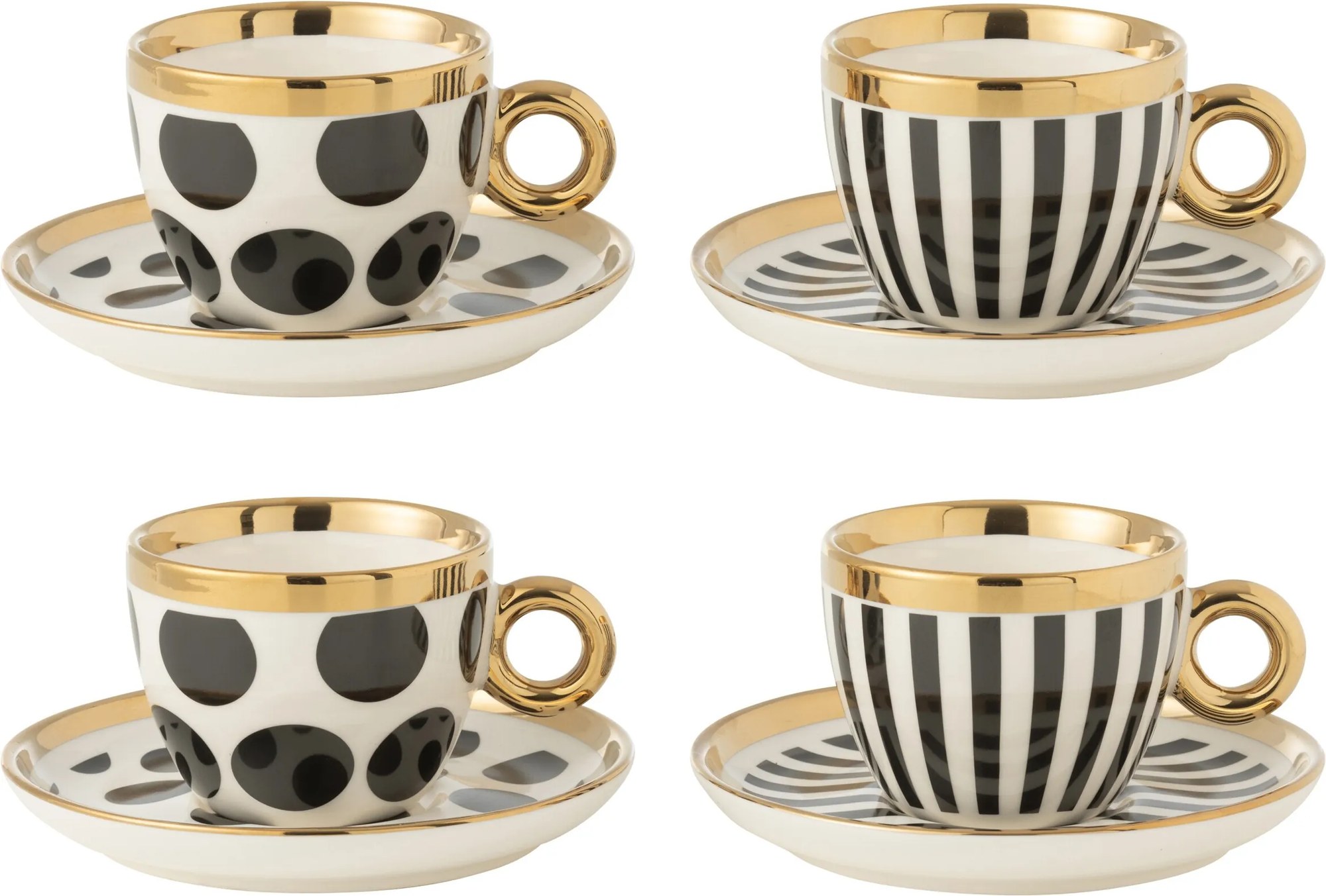 Set 4ks bielo-čierna šálka s tanierikom so zlatými detailmi Hollywood - Ø 13*8 cm