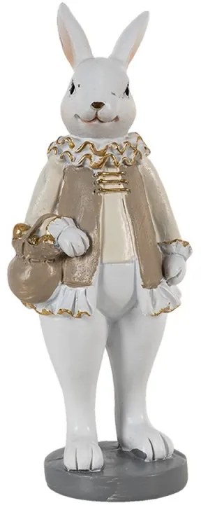 Dekorácia králik v béžovom kabátiku so zlatým mešcom - 5*5*15 cm