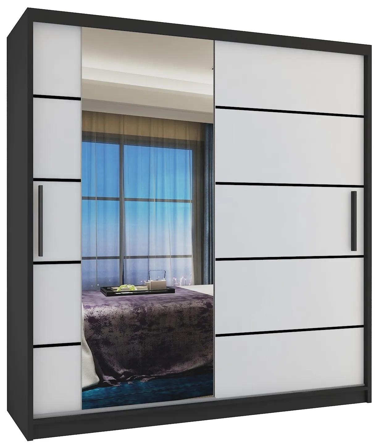 Šatníková skriňa 158 cm Belini čierny mat / biely mat s posunými dverami zrkadlom a zásuvkami MBP SZP7/0/B/W/0/KLP