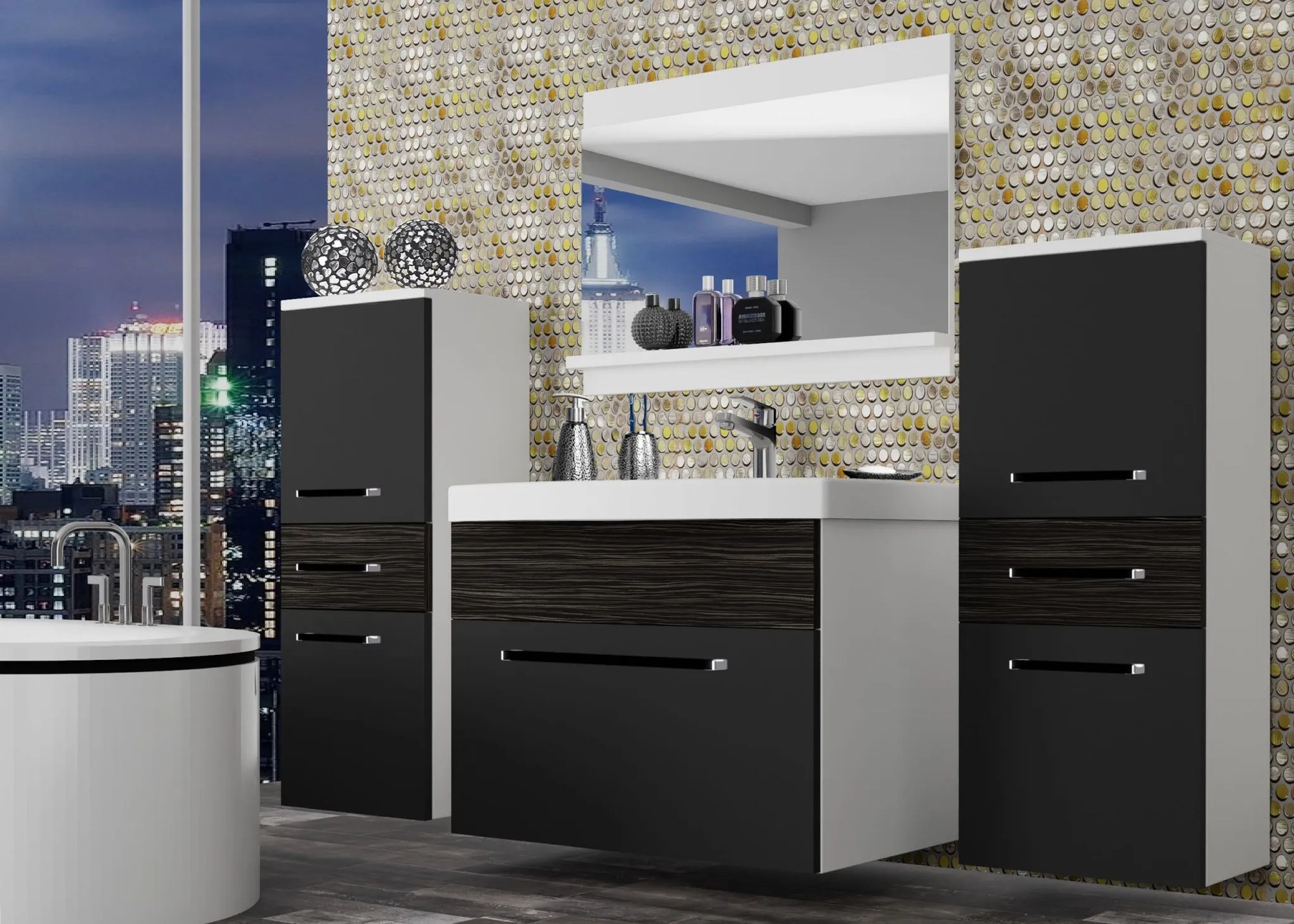 Kúpeľňový nábytok Belini čierny mat / eben kráľovský + umývadlo + zrkadlo ROD M 4/0/W/BHK/0/ZW