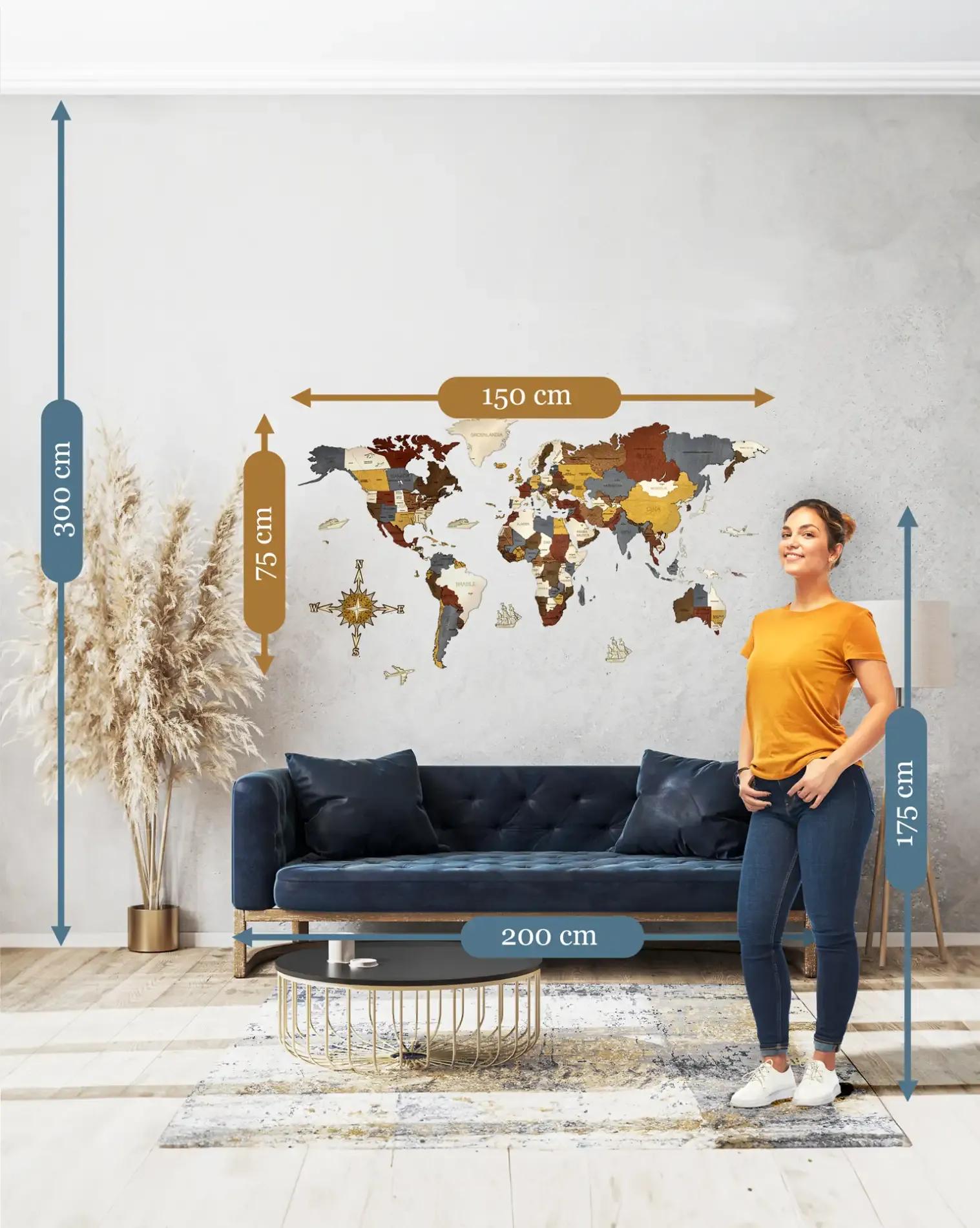 Nástenná drevená mapa sveta 3D, ručne vyrábaná, 200x100cm industrial