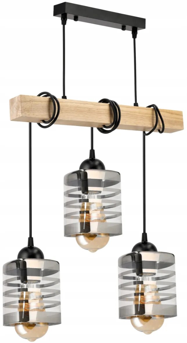 BERGE Závesné stropné svietidlo LED drevený trámový 3xE27 loft sklenené pásy
